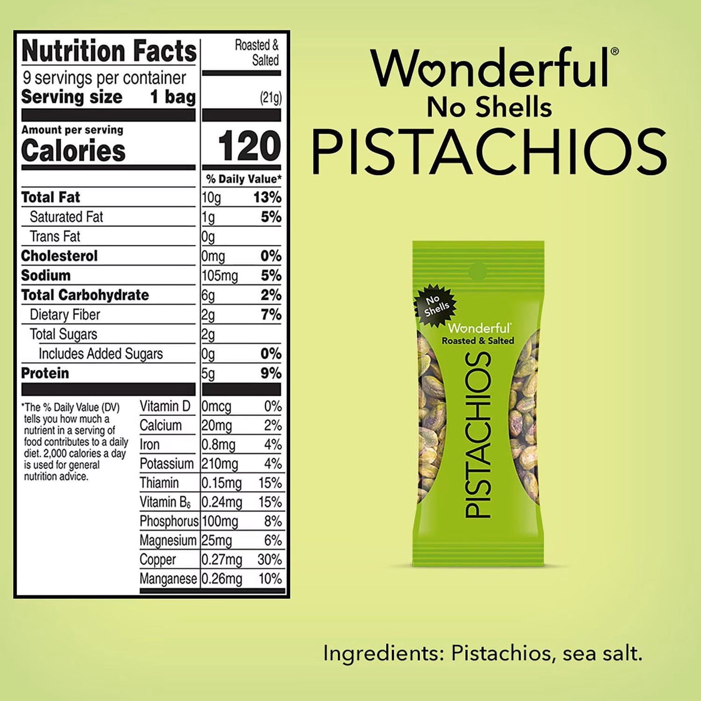 Maravillosos pistachos salados y tostados, sin cáscara, 21 g