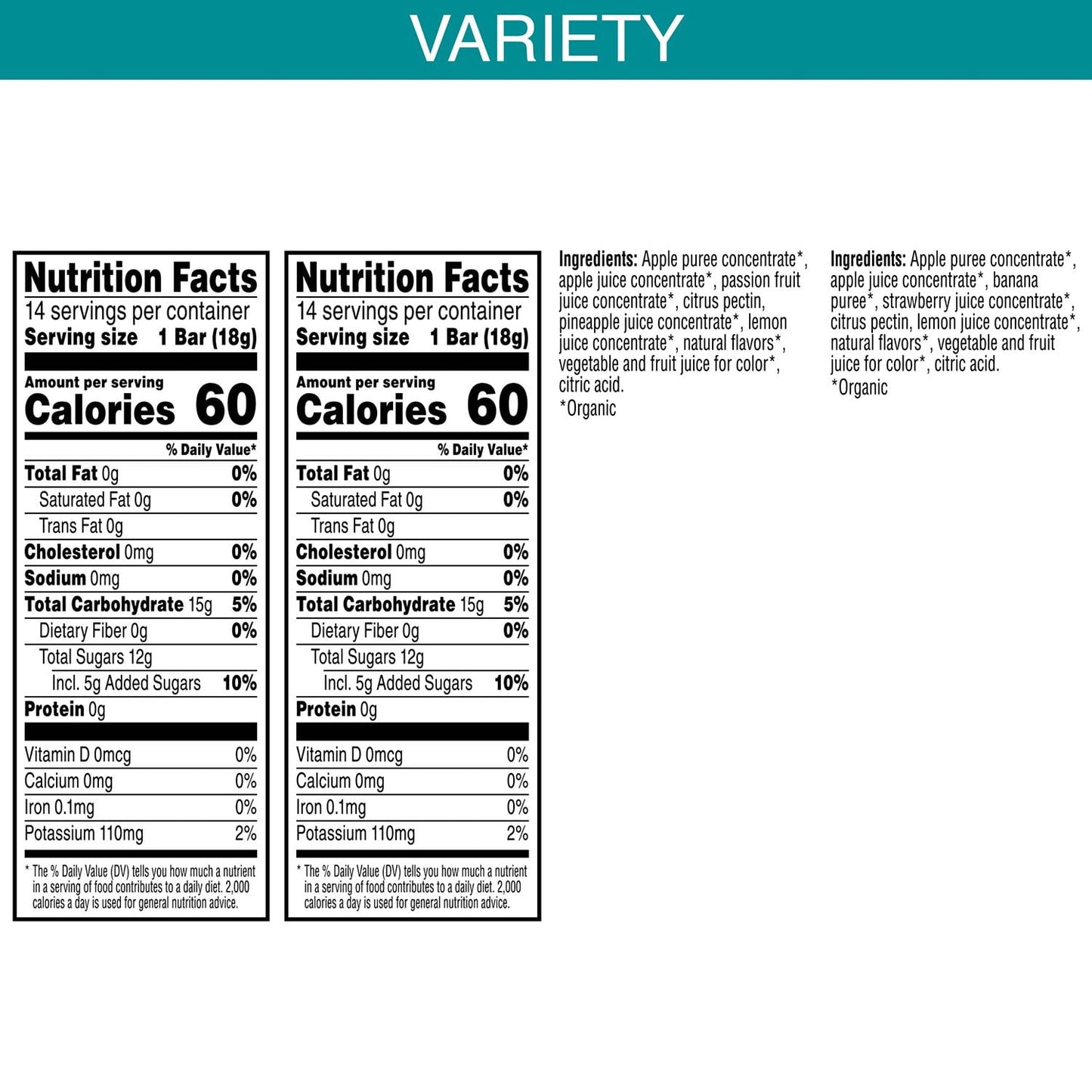 Barritas de fruta en capas Pure Organic Variety Pack, 0.63 oz