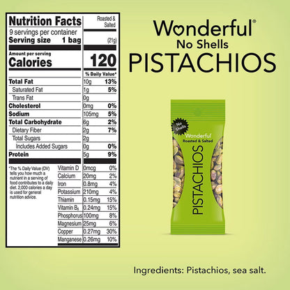 Maravillosos pistachos salados y tostados, sin cáscara, 21 g